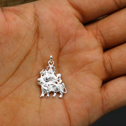 Unisex 925 sterling silver Maa Bhawani pendant with intricate design, handcrafted Indian jewelry by TRIBAL ORNAMENTS.
