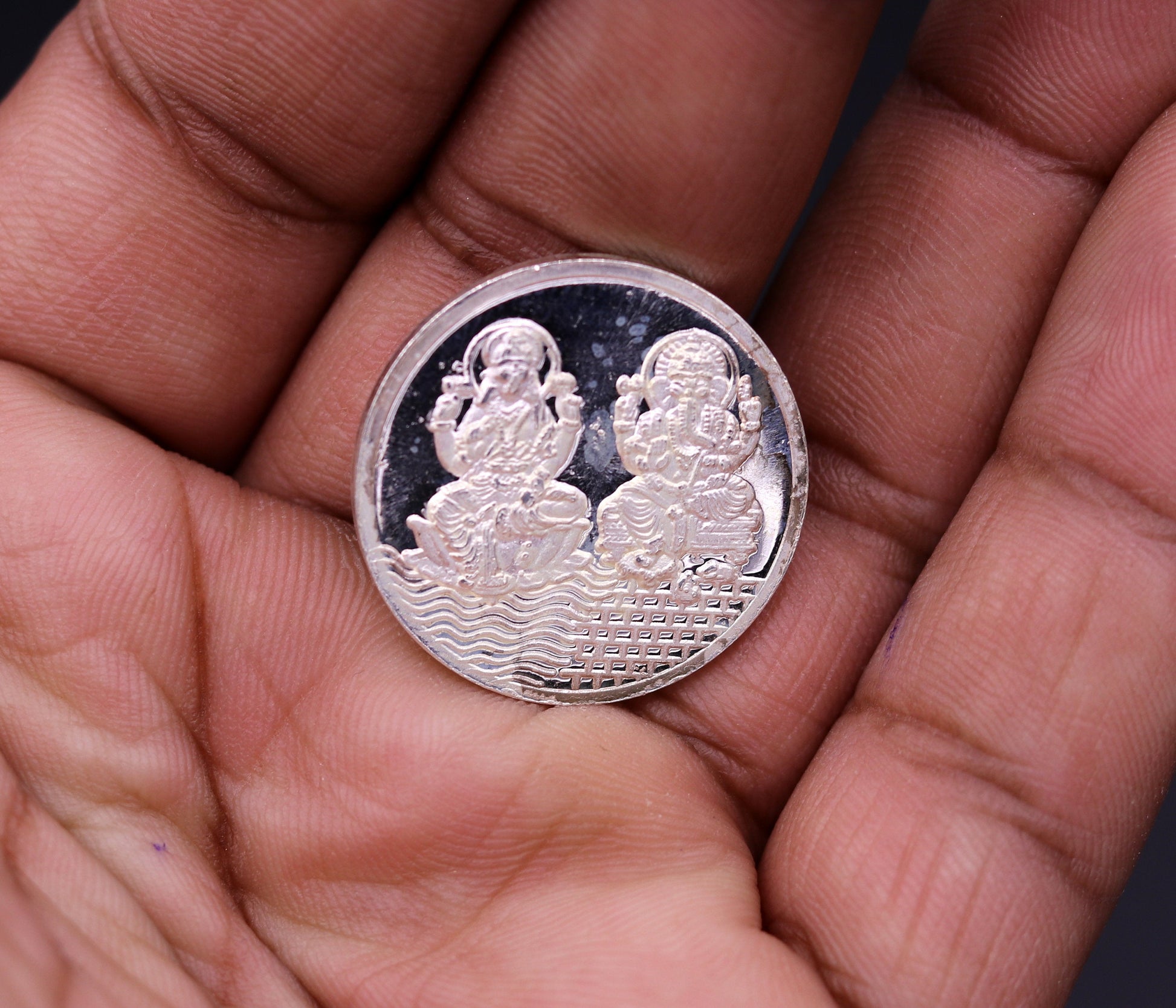 Pure 999 silver Indian idol Lord Ganesha and Laxmi print coin, 5 grams, collectible and ideal for gifting by Tribal Ornaments.