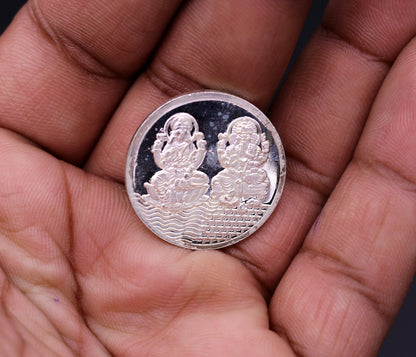 Pure 999 silver Indian idol Lord Ganesha and Laxmi print coin, 5 grams, collectible and ideal for gifting by Tribal Ornaments.