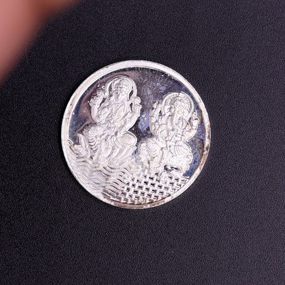 Pure solid 999 silver Indian idol coin featuring Lord Ganesha and Laxmi, 5 grams, collectible coin by TRIBAL ORNAMENTS.