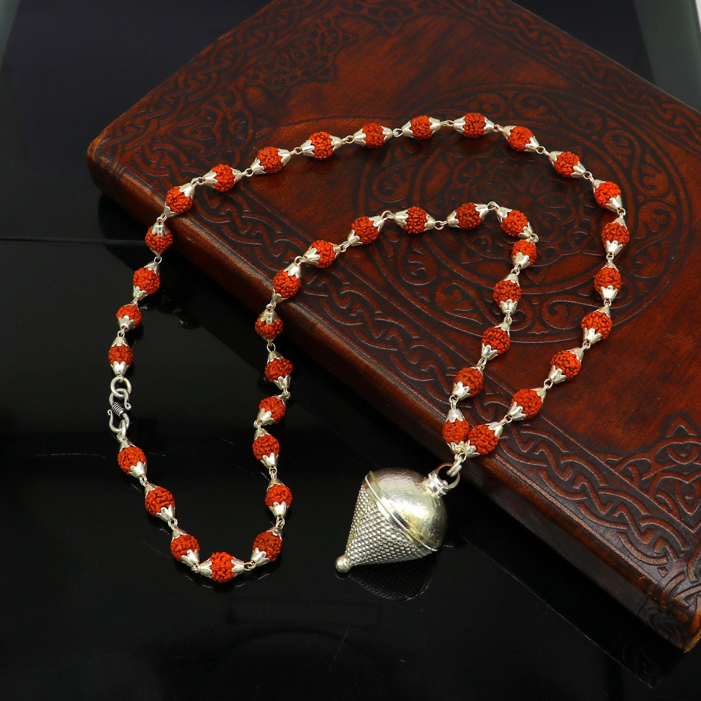 pure sterling silver custom made Rudraksha chain necklace, excellent hanging silver wax ball pendant, unique style gifting jewelry set147 - TRIBAL ORNAMENTS