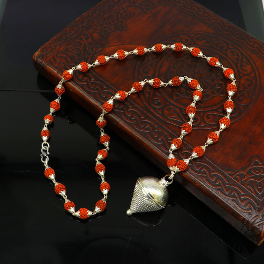 pure sterling silver custom made Rudraksha chain necklace, excellent hanging silver wax ball pendant, unique style gifting jewelry set147 - TRIBAL ORNAMENTS