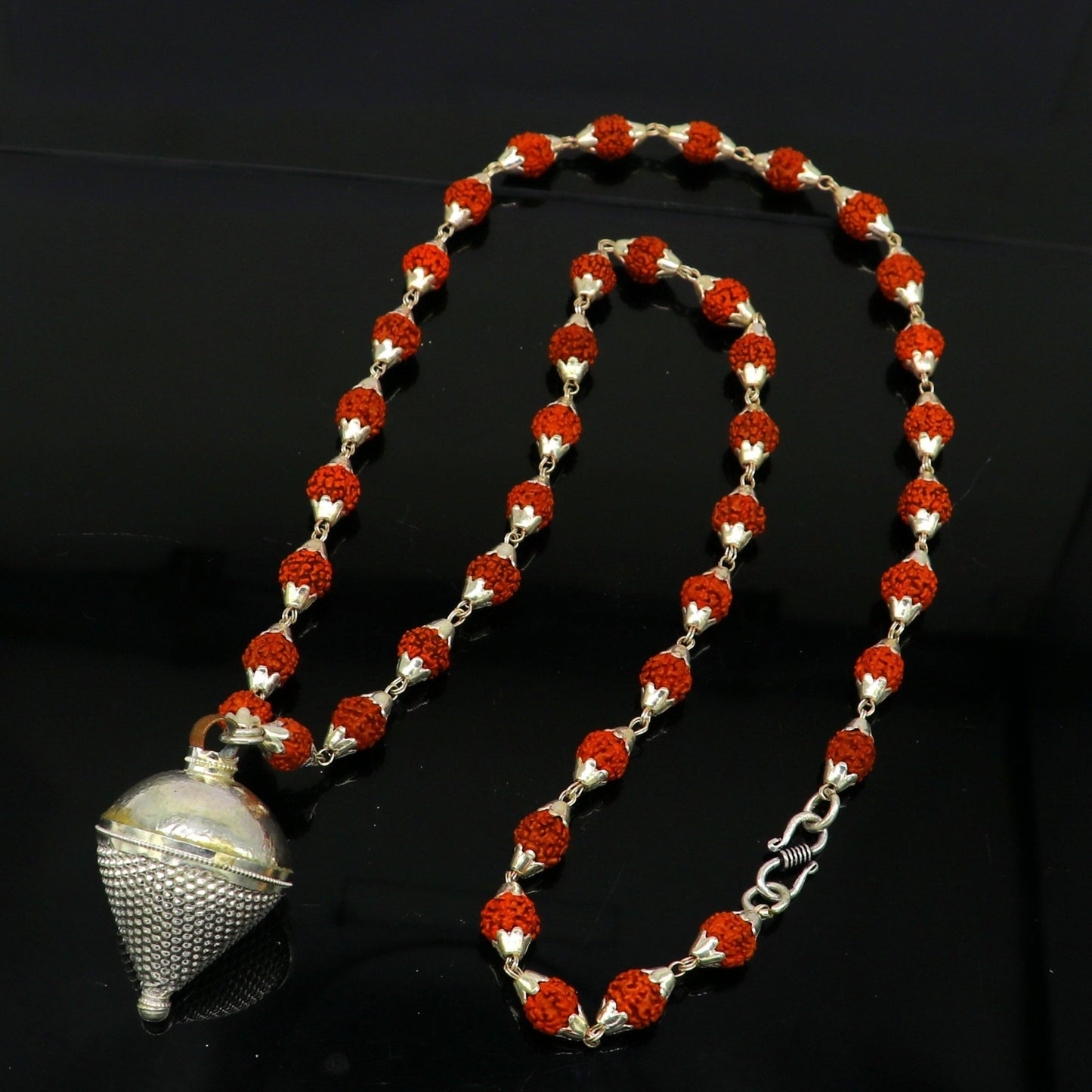 pure sterling silver custom made Rudraksha chain necklace, excellent hanging silver wax ball pendant, unique style gifting jewelry set147 - TRIBAL ORNAMENTS