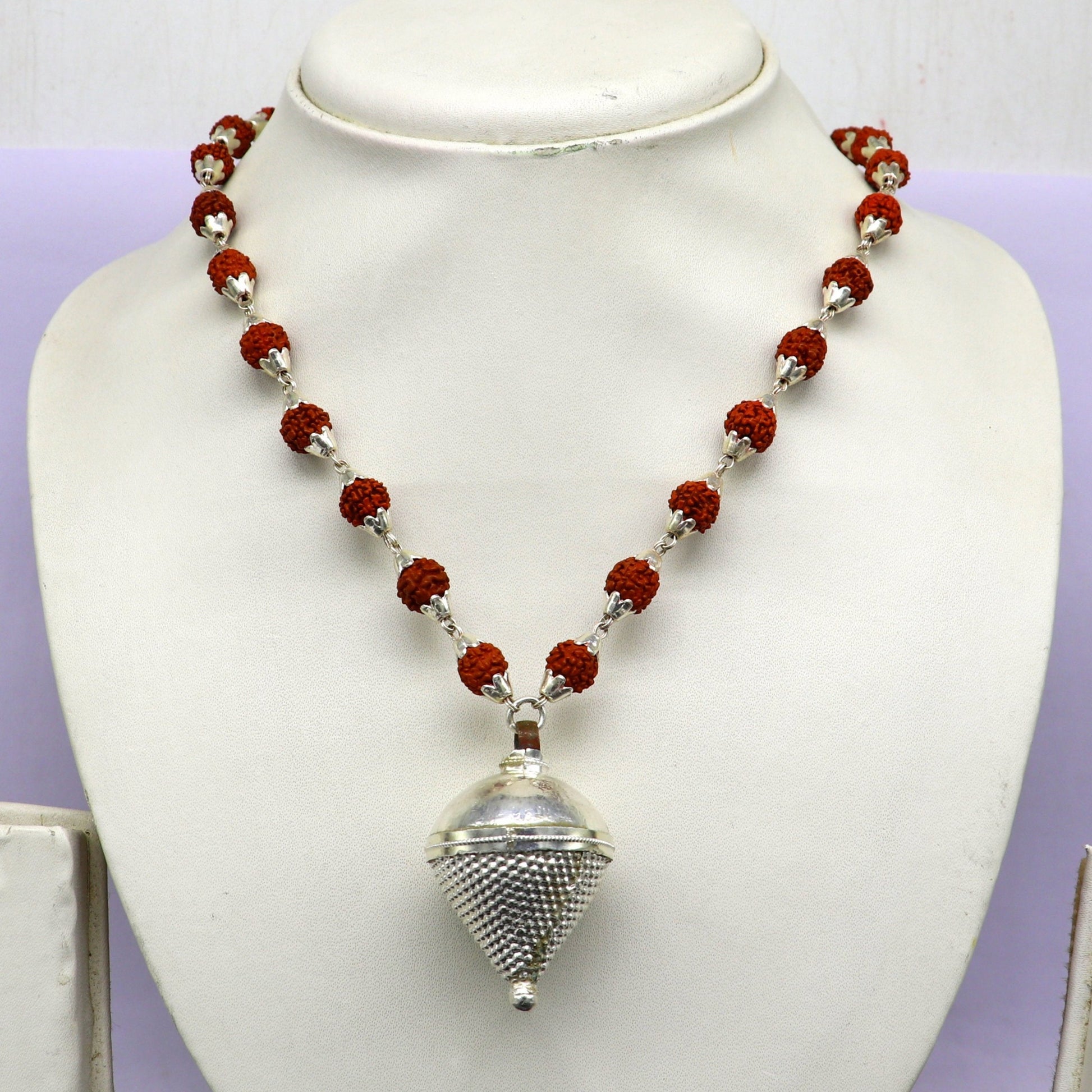 pure sterling silver custom made Rudraksha chain necklace, excellent hanging silver wax ball pendant, unique style gifting jewelry set147 - TRIBAL ORNAMENTS