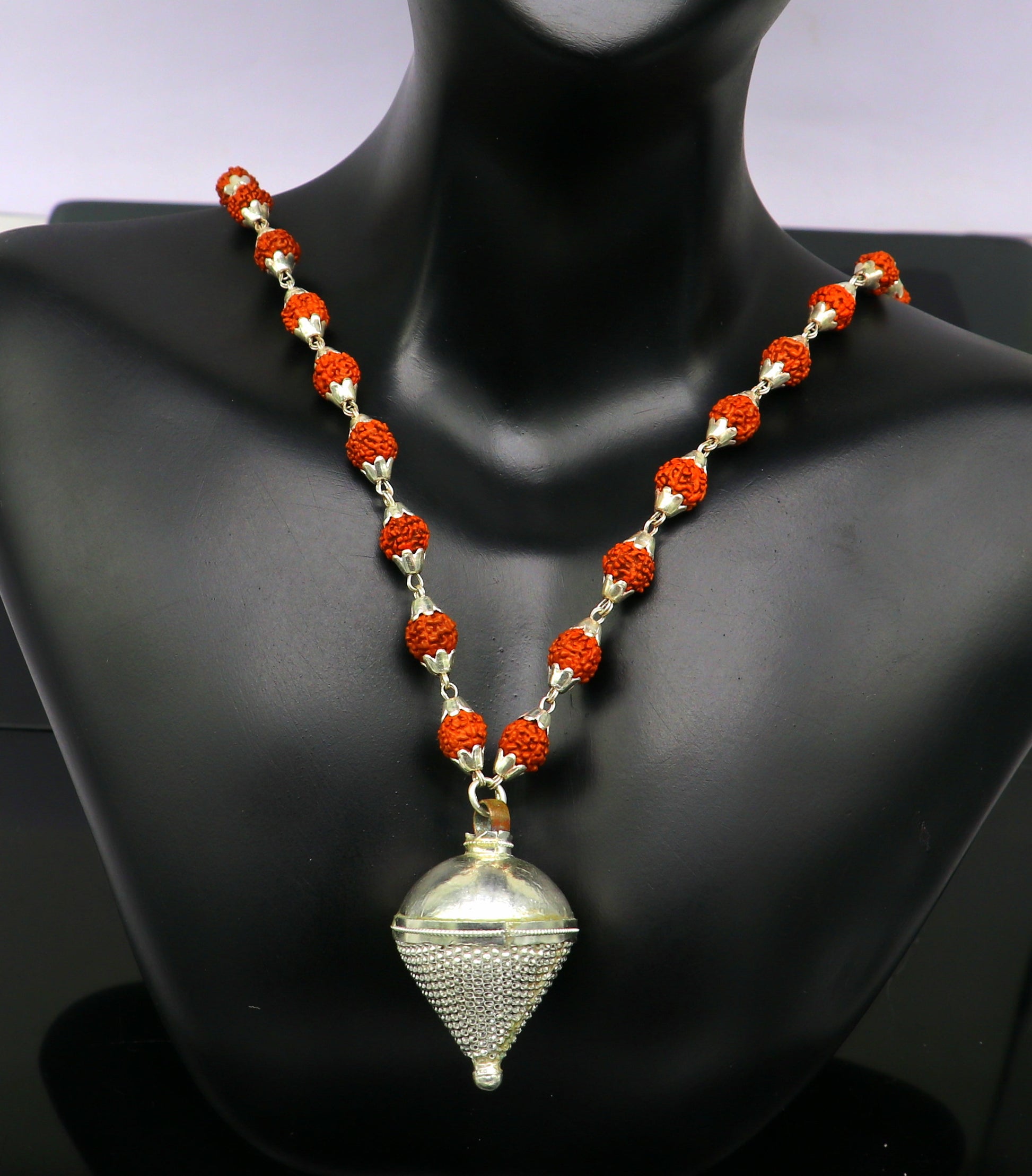 pure sterling silver custom made Rudraksha chain necklace, excellent hanging silver wax ball pendant, unique style gifting jewelry set147 - TRIBAL ORNAMENTS