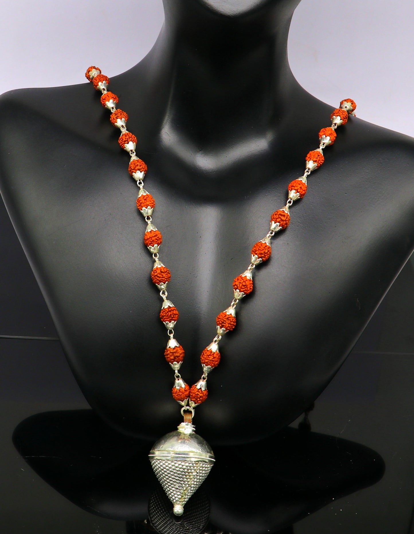 pure sterling silver custom made Rudraksha chain necklace, excellent hanging silver wax ball pendant, unique style gifting jewelry set147 - TRIBAL ORNAMENTS