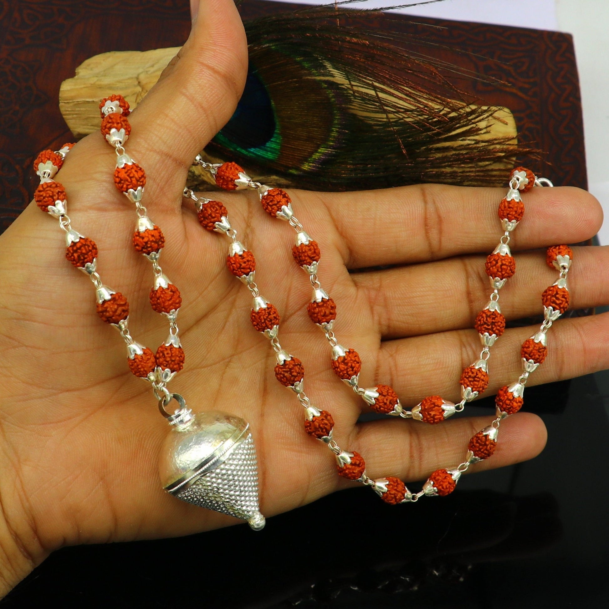 pure sterling silver custom made Rudraksha chain necklace, excellent hanging silver wax ball pendant, unique style gifting jewelry set147 - TRIBAL ORNAMENTS