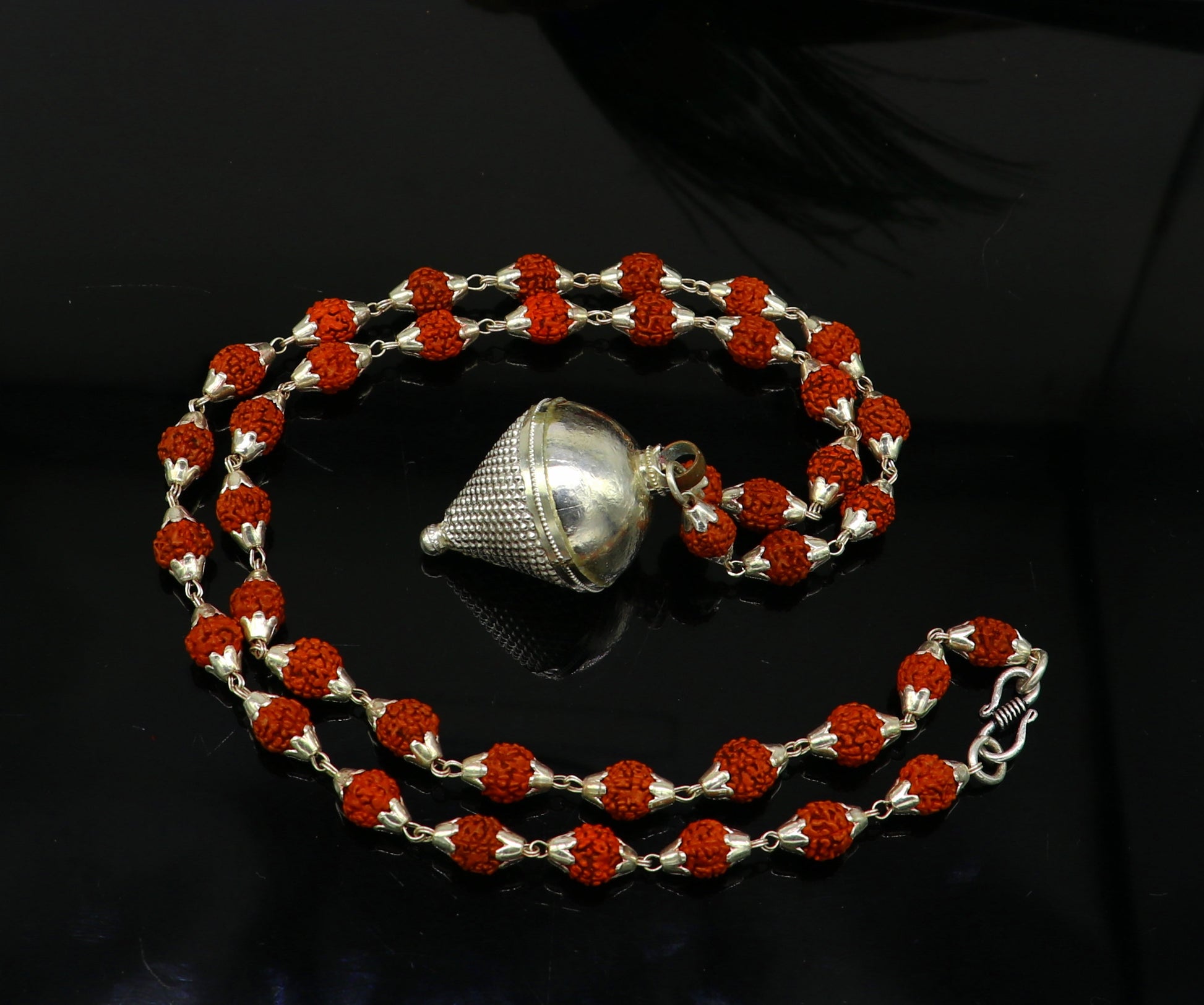 pure sterling silver custom made Rudraksha chain necklace, excellent hanging silver wax ball pendant, unique style gifting jewelry set147 - TRIBAL ORNAMENTS