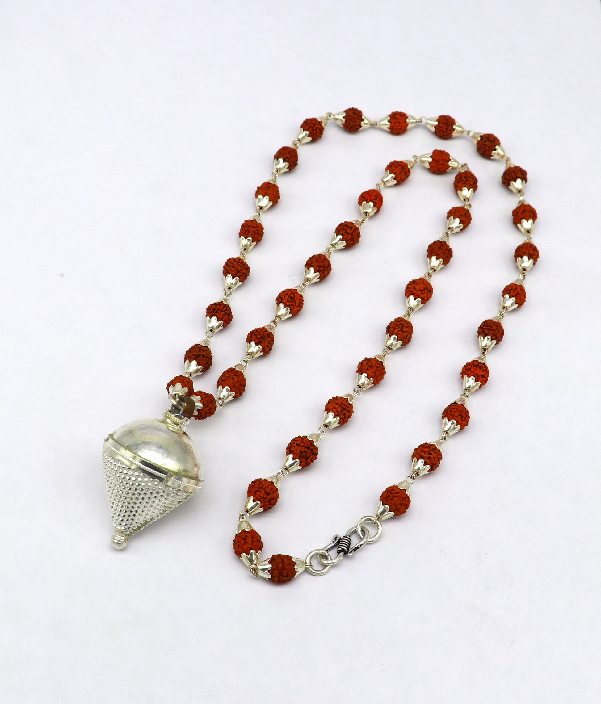 pure sterling silver custom made Rudraksha chain necklace, excellent hanging silver wax ball pendant, unique style gifting jewelry set147 - TRIBAL ORNAMENTS