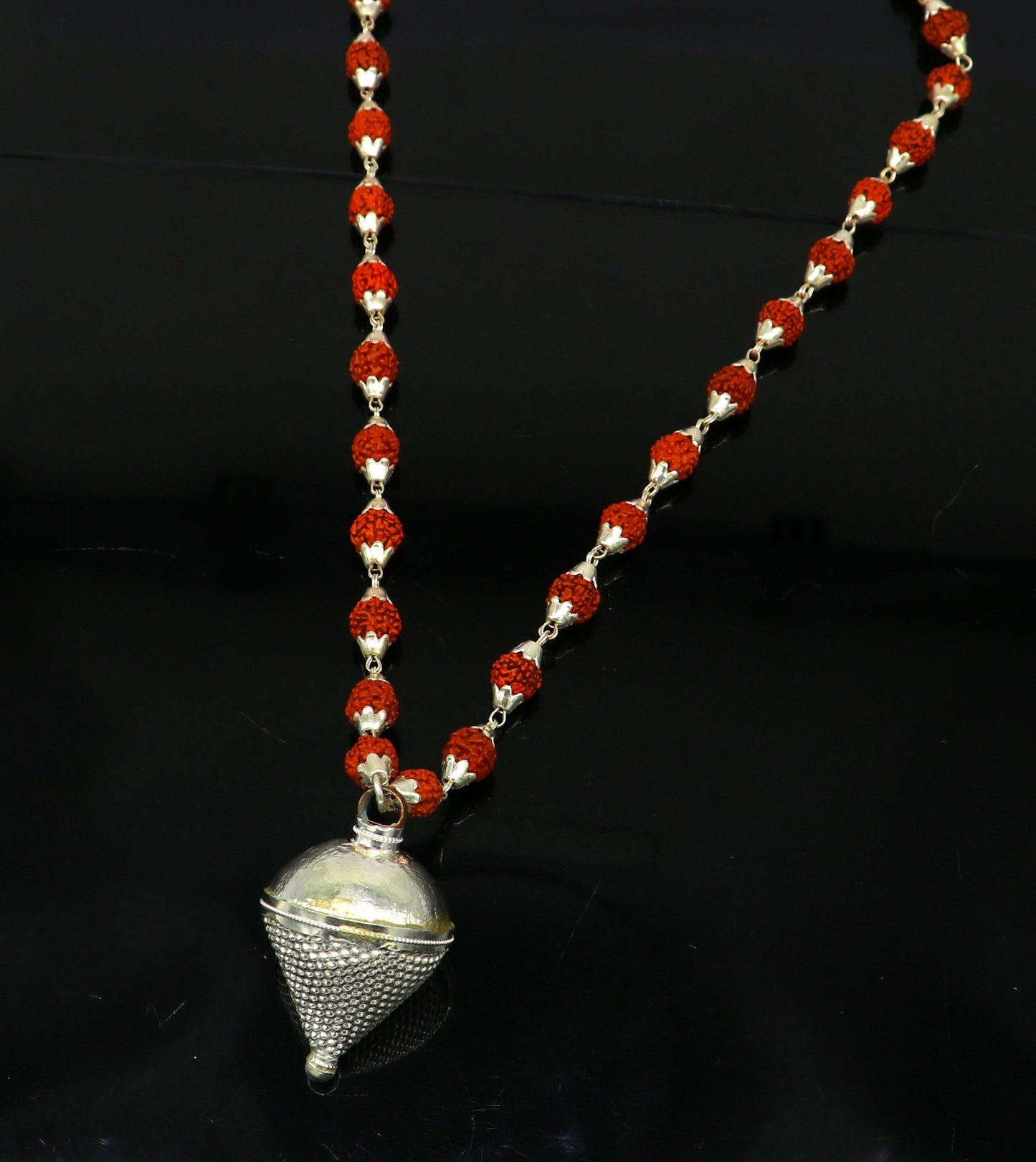 pure sterling silver custom made Rudraksha chain necklace, excellent hanging silver wax ball pendant, unique style gifting jewelry set147 - TRIBAL ORNAMENTS