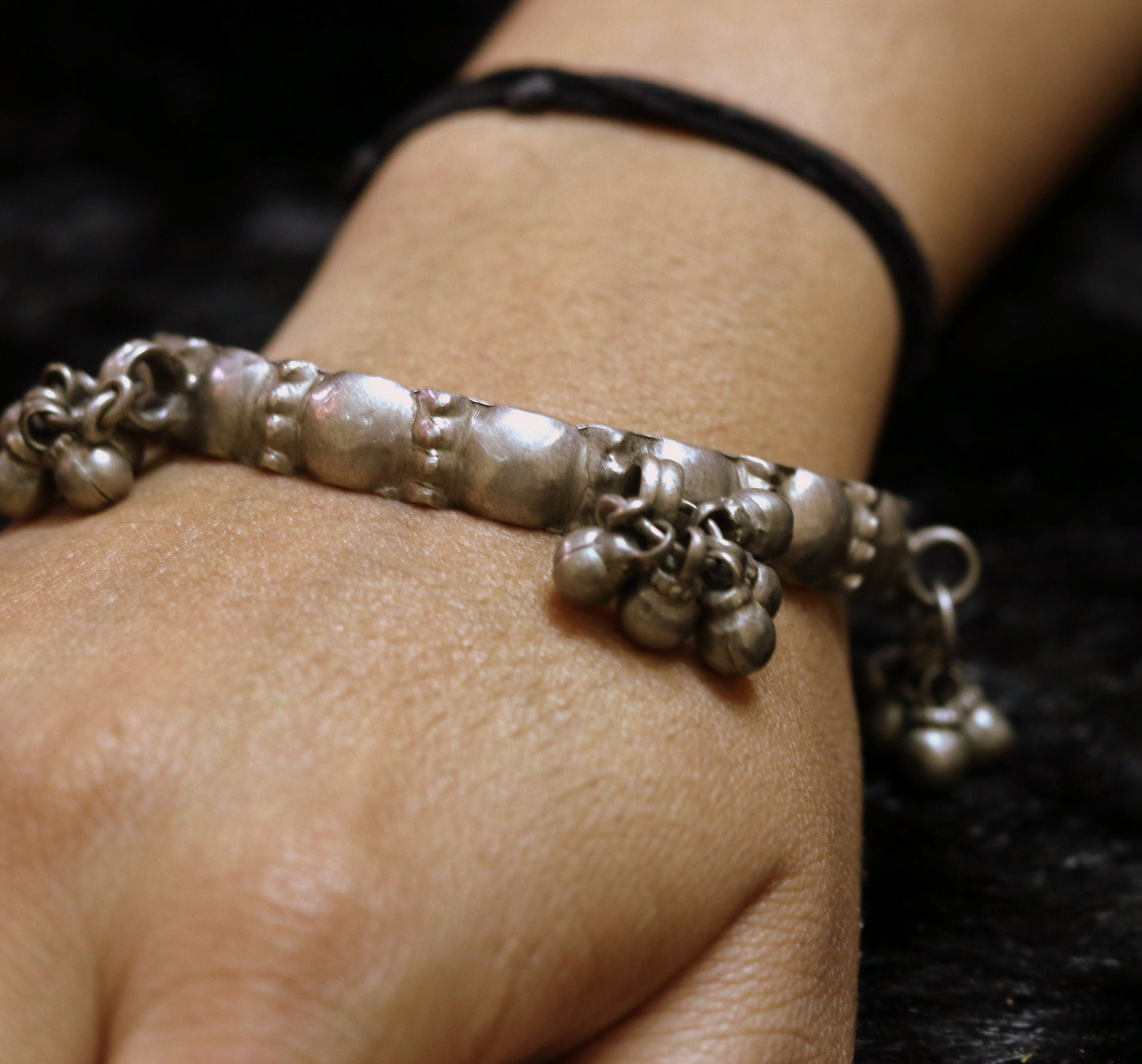 Vintage Rajasthan silver bangle bracelet for women with tiny bells, handcrafted ethnic jewelry by Tribal Ornaments.