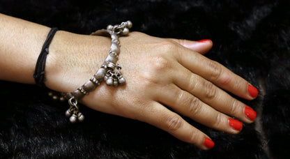 Vintage Rajasthan silver women's bangle bracelet with tiny bells, handcrafted ethnic jewelry from Tribal Ornaments.