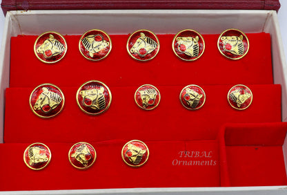 Set of 13 handcrafted 925 Sterling silver buttons with red enamel horse design, ideal for men's coats or suits by TRIBAL ORNAMENTS.