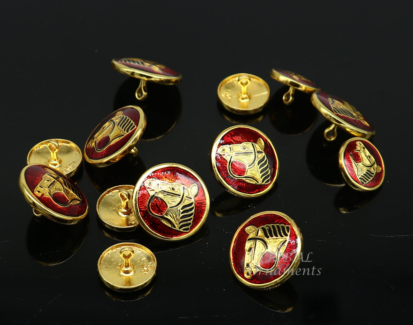 Set of 13 handcrafted silver buttons with red enamel horse design for men's coats or suits by Tribal Ornaments.