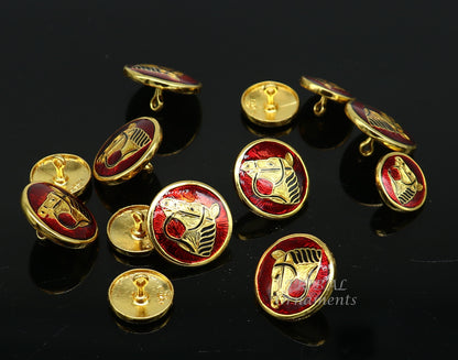 Set of 13 handcrafted silver buttons with red enamel horse design for men's coats or suits by Tribal Ornaments.