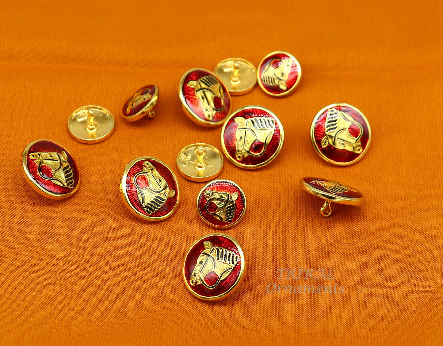 Set of 13 handcrafted men's silver buttons with red enamel horse design, 925 sterling silver, ideal for coats or suits.