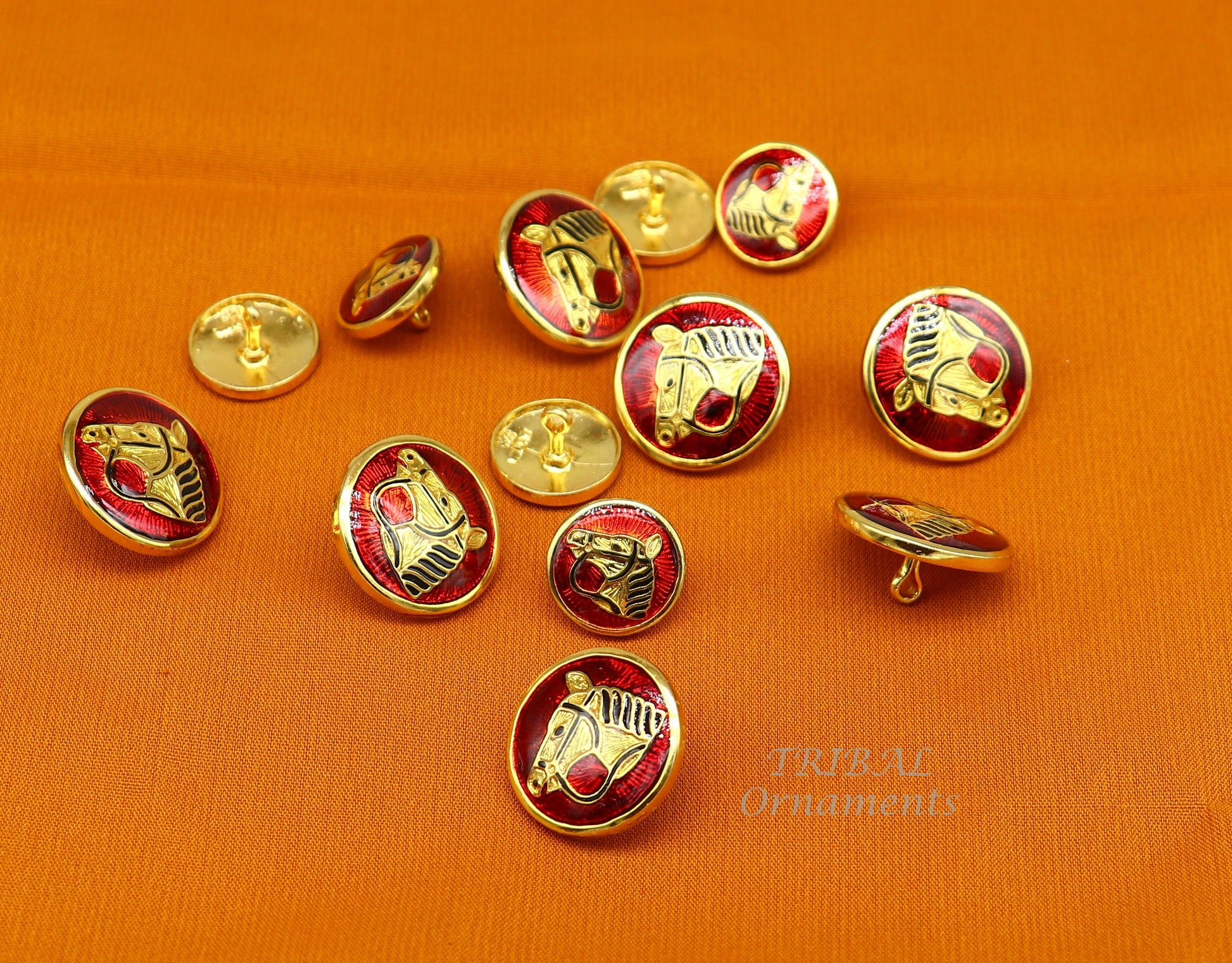 Set of 13 handcrafted men's silver buttons with red enamel horse design, 925 sterling silver, ideal for coats or suits.