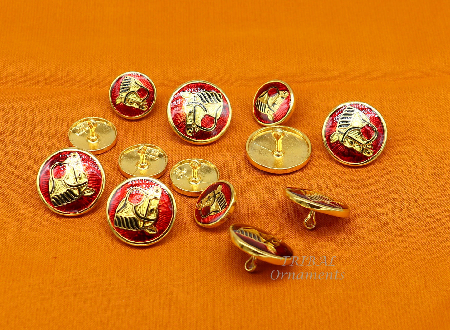 Set of 13 handcrafted 925 silver buttons with red enamel horse design, ideal for men's coats or suits, by Tribal Ornaments.