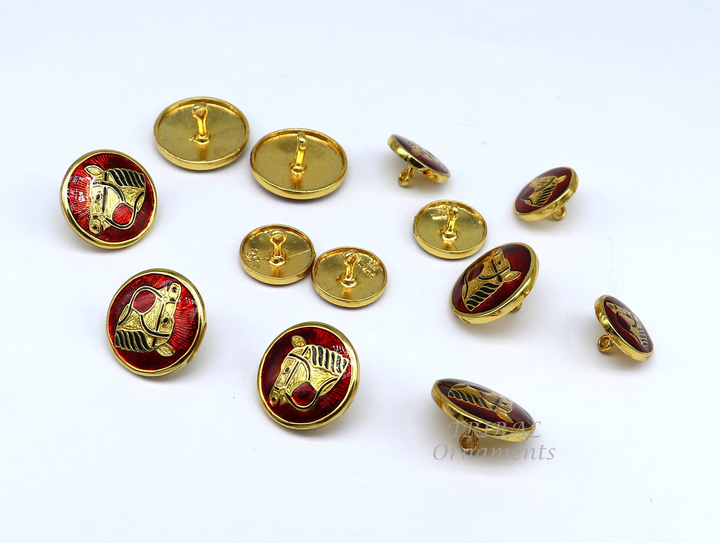 Set of 13 handcrafted men's coat buttons featuring red enamel horse design on 925 sterling silver by Tribal Ornaments.