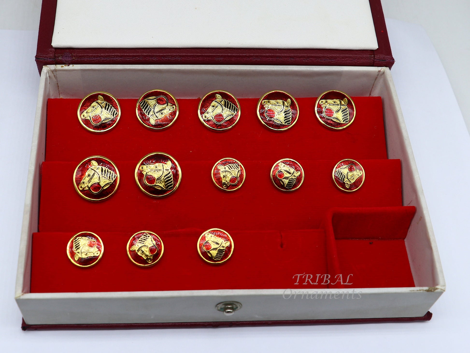 Set of 13 handcrafted men's coat buttons with red enamel horse design in 925 sterling silver by Tribal Ornaments.