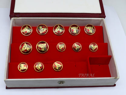 Set of 13 handcrafted men's coat buttons with red enamel horse design in 925 sterling silver by Tribal Ornaments.