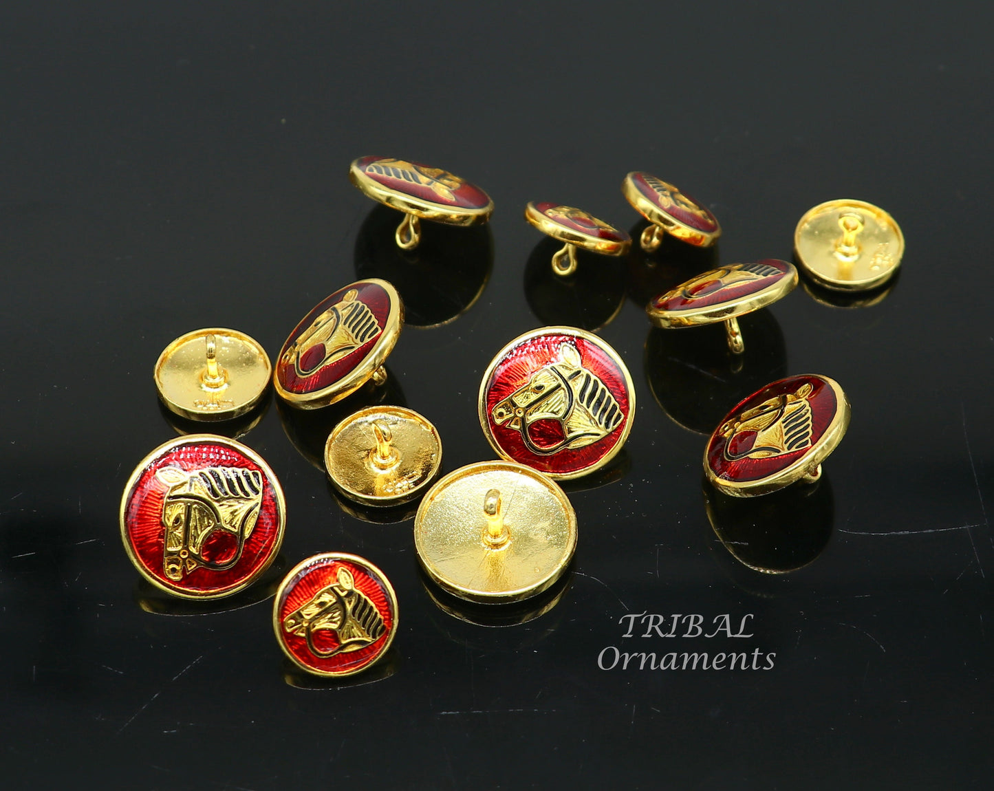 Set of 13 handcrafted 925 sterling silver buttons with red enamel horse design, ideal for men's coats or suits, by Tribal Ornaments.