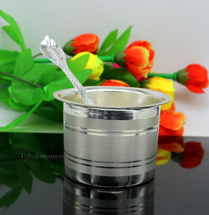 Silver Elegant Ghee pot patra puja or worshipping silver ghee bowl or pot, Butter pot for kitchen, silver puja utensils from India su542 - TRIBAL ORNAMENTS