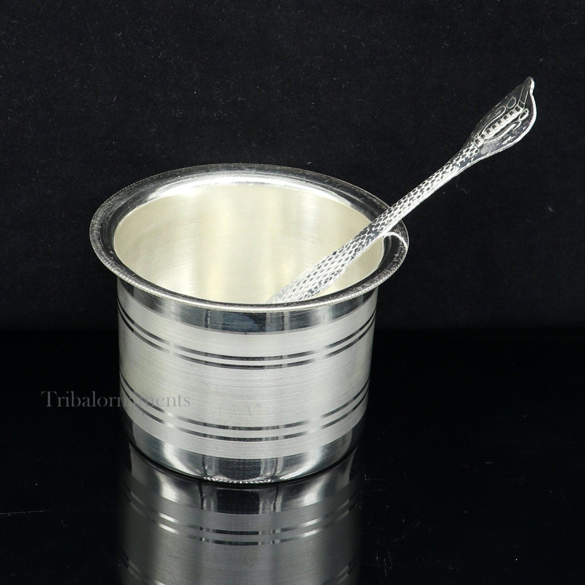 Silver Elegant Ghee pot patra puja or worshipping silver ghee bowl or pot, Butter pot for kitchen, silver puja utensils from India su542 - TRIBAL ORNAMENTS