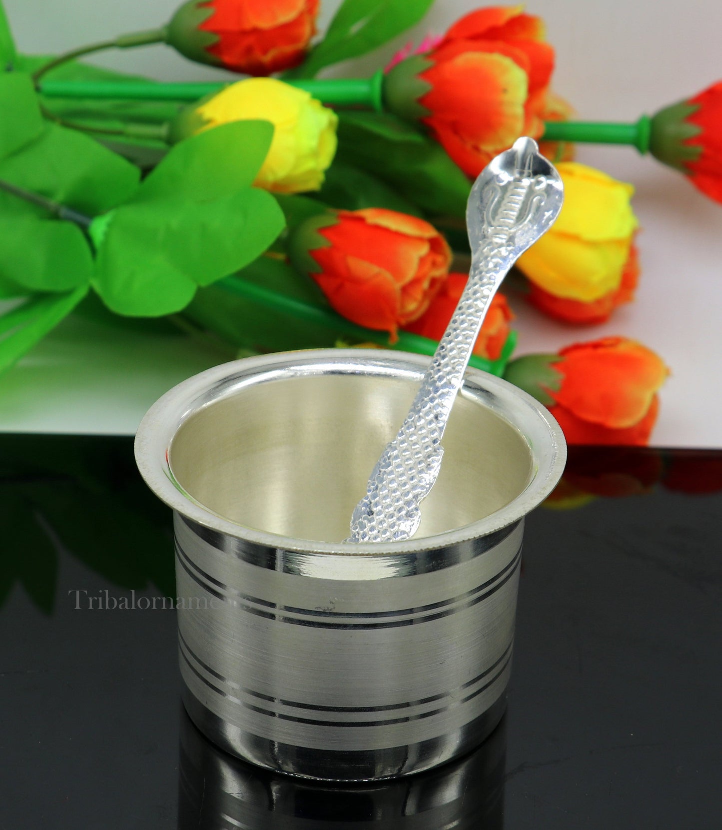 Silver Elegant Ghee pot patra puja or worshipping silver ghee bowl or pot, Butter pot for kitchen, silver puja utensils from India su542 - TRIBAL ORNAMENTS