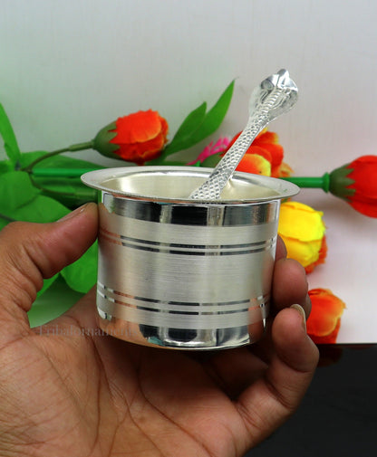 Silver Elegant Ghee pot patra puja or worshipping silver ghee bowl or pot, Butter pot for kitchen, silver puja utensils from India su542 - TRIBAL ORNAMENTS