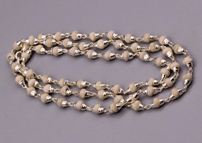 925 Sterling Silver Tulsi Mala necklace with handcrafted basil beads, Ayurvedic spiritual jewelry for meditation and protection.