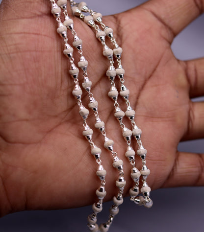 Handcrafted 925 Sterling Silver Tulsi Mala Necklace with basil beads, Ayurvedic spiritual jewelry for protection and focus.