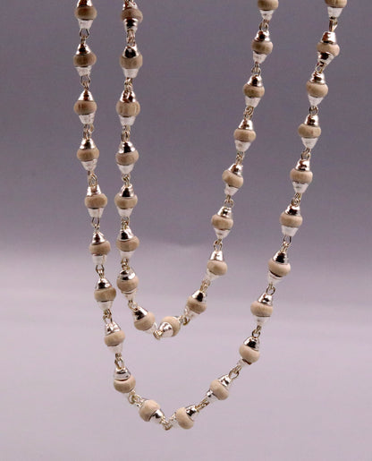 925 Sterling Silver Tulsi Mala Necklace with handcrafted basil beads, Ayurvedic spiritual jewelry for focus and protection.