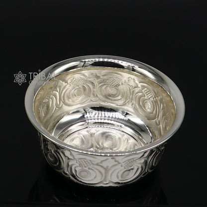Silver handmade Kandrai Nakshi work bowl by Tribal Ornaments, decorative silver utensil for rice ceremonies and puja offerings.