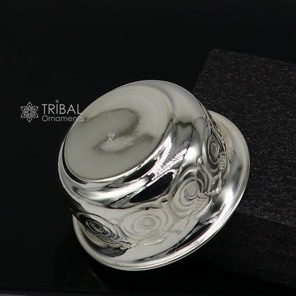 Silver handmade Kandrai Nakshi work bowl by TRIBAL ORNAMENTS, used for rice ceremonies, puja, and prasad serving.