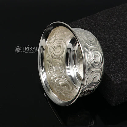 Silver handmade Kandrai Nakshi work bowl by TRIBAL ORNAMENTS, used for rice ceremonies, puja, and prasad offerings.