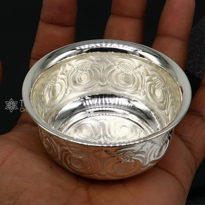 Silver handmade Kandrai Nakshi work bowl by TRIBAL ORNAMENTS, traditional silver utensil for rice ceremony and puja offerings.