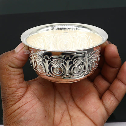 Silver handmade work bowl and utensils for rice ceremony, silver worshipping and puja prasad bowl by TRIBAL ORNAMENTS.