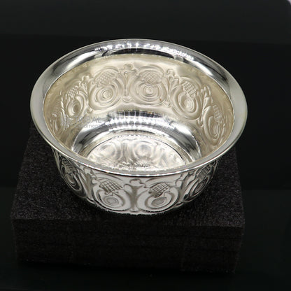 Silver handmade work bowl and utensils for rice ceremony Annaprasan, designed for worship and prasad offerings.