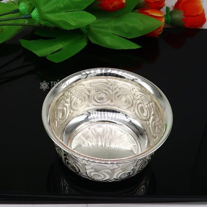 Silver handmade work bowl and utensils for rice ceremony and puja, with intricate unique design for worship and prasad offerings.