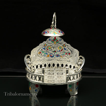 Small handcrafted silver throne in 925 sterling silver for idol gods, temple puja, and deity statues.