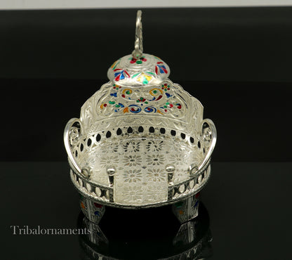 Small handcrafted silver throne in 925 sterling silver, designed for idol gods and temple puja statues by Tribal Ornaments.