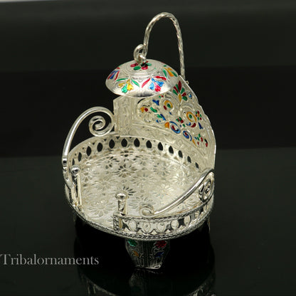 Small handcrafted silver throne in 925 sterling silver for idol gods, used as a temple puja stand or god statue chair.