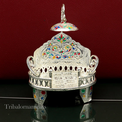 Small silver handcrafted throne in 925 sterling silver for idol gods, suitable as a temple puja stand or deity statue chair.
