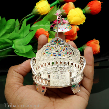 Small handcrafted silver throne in 925 sterling silver for idol gods, featuring detailed design for temple puja and deity displays.