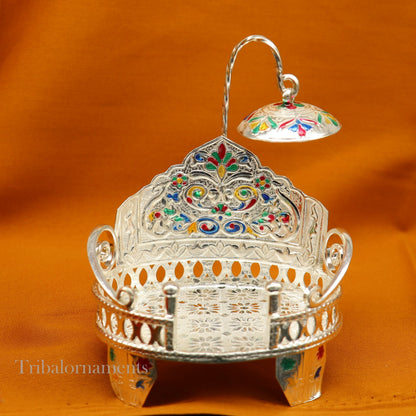 Small handcrafted silver throne in 925 sterling silver, designed as a deity idol stand for temple puja and god statues.