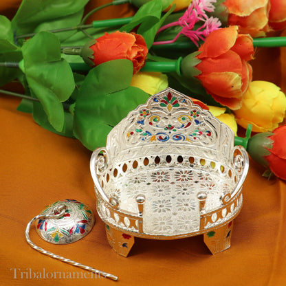Small handcrafted silver throne in 925 sterling silver for idol gods, decorative temple puja stand, tribal ornaments design.