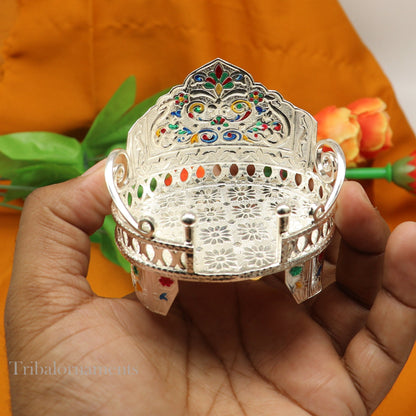 Small handcrafted silver throne in 925 sterling silver for idol gods, traditional temple puja stand, by TRIBAL ORNAMENTS.