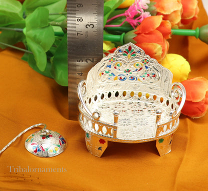 Small handcrafted silver throne in 925 sterling silver, designed for idol gods and temple puja statues.