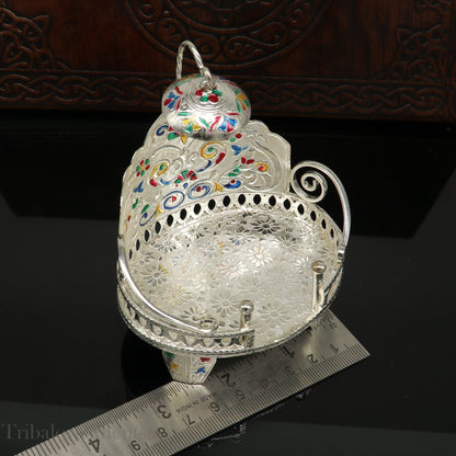 Silver throne 925 sterling silver handcrafted small sinhasan, idol god throne, god statue's stand chair, temple puja god article su529 - TRIBAL ORNAMENTS